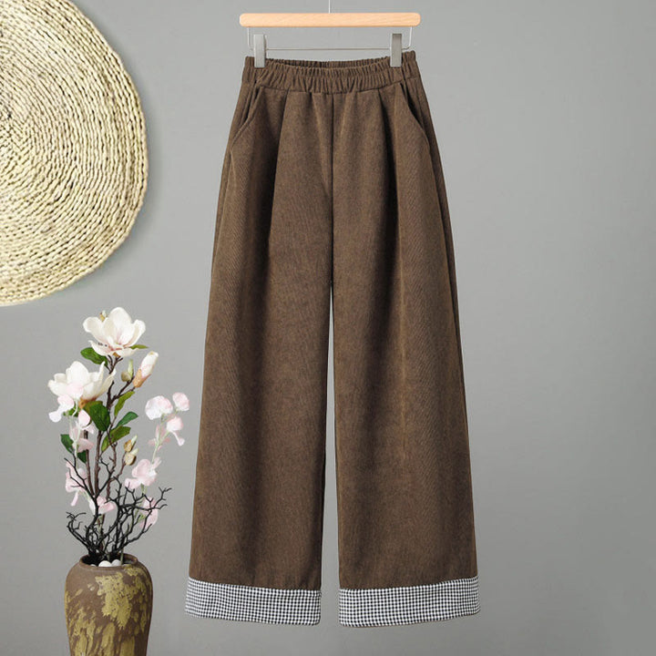 Spodnie damskie sztruksowe z szerokimi nogawkami i prostym elastycznym pasem w kratę z motywem Buddha Stones - SaddleBrown - US8-10，UK/AU12-14，EU40-42 (2XL) - image 0