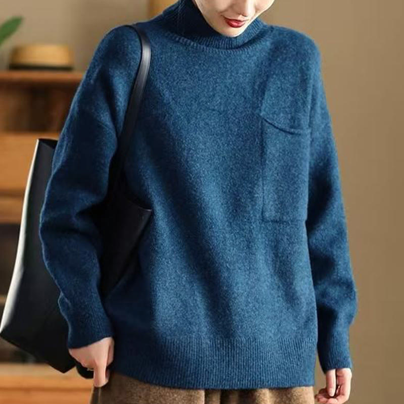 Sweter damski z dzianiny bawełnianej z długim rękawem i okrągłym dekoltem w jednolitym kolorze z Buddha Stones - image 1