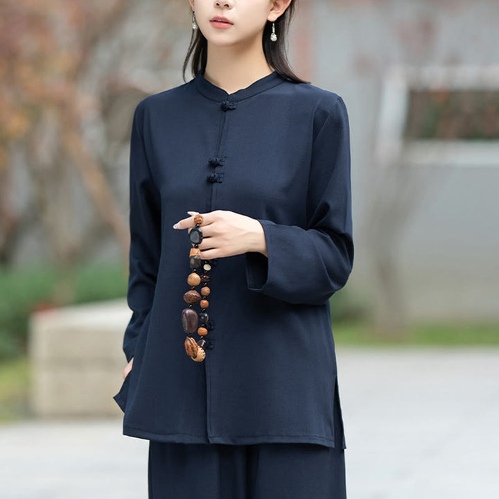 Buddha Stones 2 szt. chińskie żaby z guzikami, koszula z długim rękawem, spodnie do medytacji zen tai chi, bawełniany zestaw damski - image 5