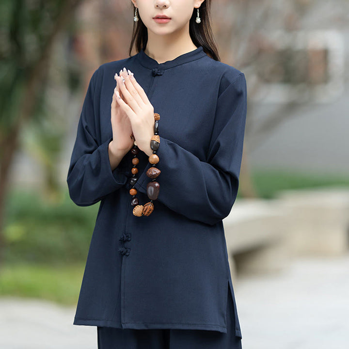 Buddha Stones 2 szt. chińskie żaby z guzikami, koszula z długim rękawem, spodnie do medytacji zen tai chi, bawełniany zestaw damski - image 6