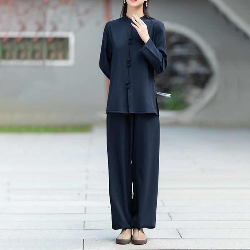 Buddha Stones 2 szt. chińskie żaby z guzikami, koszula z długim rękawem, spodnie do medytacji zen tai chi, bawełniany zestaw damski - image 3
