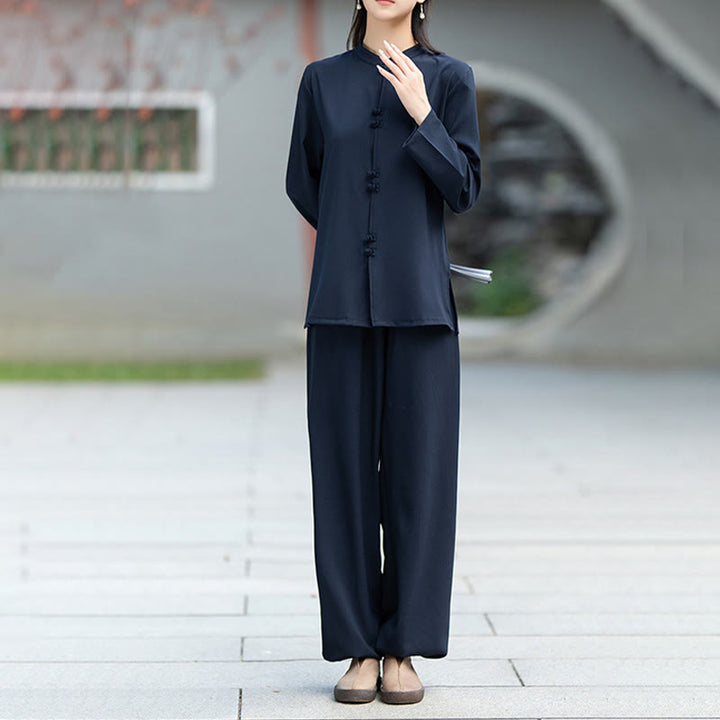 Buddha Stones 2 szt. chińskie żaby z guzikami, koszula z długim rękawem, spodnie do medytacji zen tai chi, bawełniany zestaw damski - image 3
