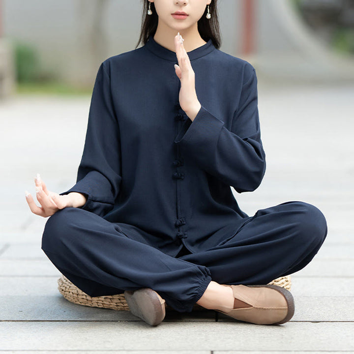 Buddha Stones 2 szt. chińskie żaby z guzikami, koszula z długim rękawem, spodnie do medytacji zen tai chi, bawełniany zestaw damski - Stalowoniebieski - US8-10，UK/AU12-14，EU40-42 (2XL) - image 0