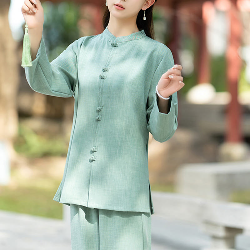 Buddha Stones 2 szt. chińskie żaby z guzikami, koszula z długim rękawem, spodnie do medytacji zen tai chi, bawełniany zestaw damski - image 15