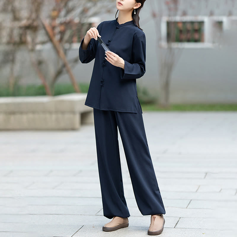 Buddha Stones 2 szt. chińskie żaby z guzikami, koszula z długim rękawem, spodnie do medytacji zen tai chi, bawełniany zestaw damski - image 4