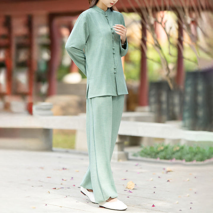 Buddha Stones 2 szt. chińskie żaby z guzikami, koszula z długim rękawem, spodnie do medytacji zen tai chi, bawełniany zestaw damski - image 12