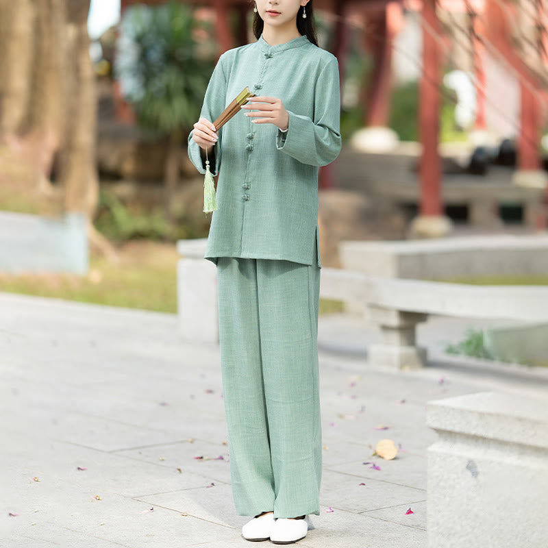 Buddha Stones 2 szt. chińskie żaby z guzikami, koszula z długim rękawem, spodnie do medytacji zen tai chi, bawełniany zestaw damski - image 13