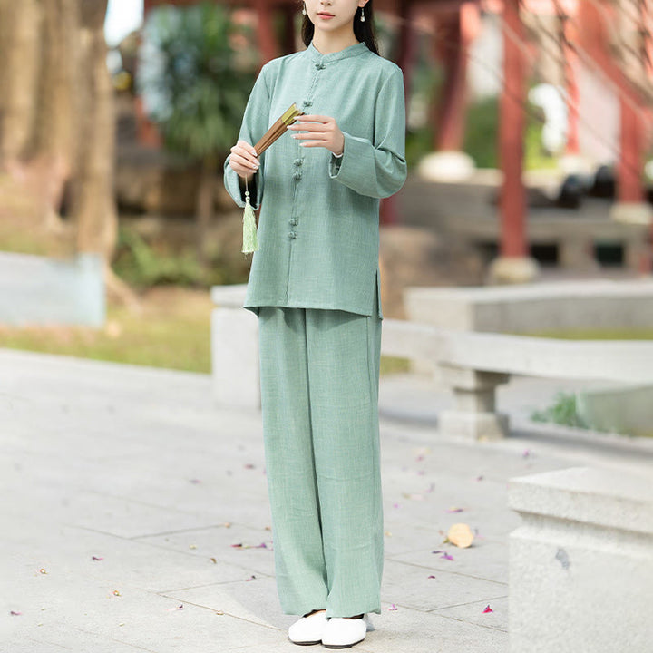 Buddha Stones 2 szt. chińskie żaby z guzikami, koszula z długim rękawem, spodnie do medytacji zen tai chi, bawełniany zestaw damski - image 13