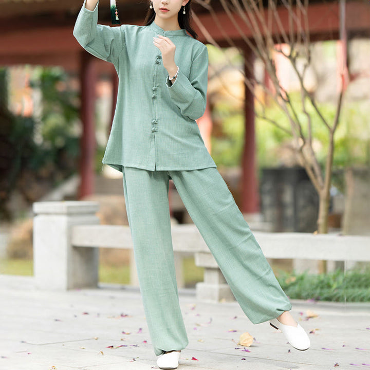 Buddha Stones 2 szt. chińskie żaby z guzikami, koszula z długim rękawem, spodnie do medytacji zen tai chi, bawełniany zestaw damski - image 11