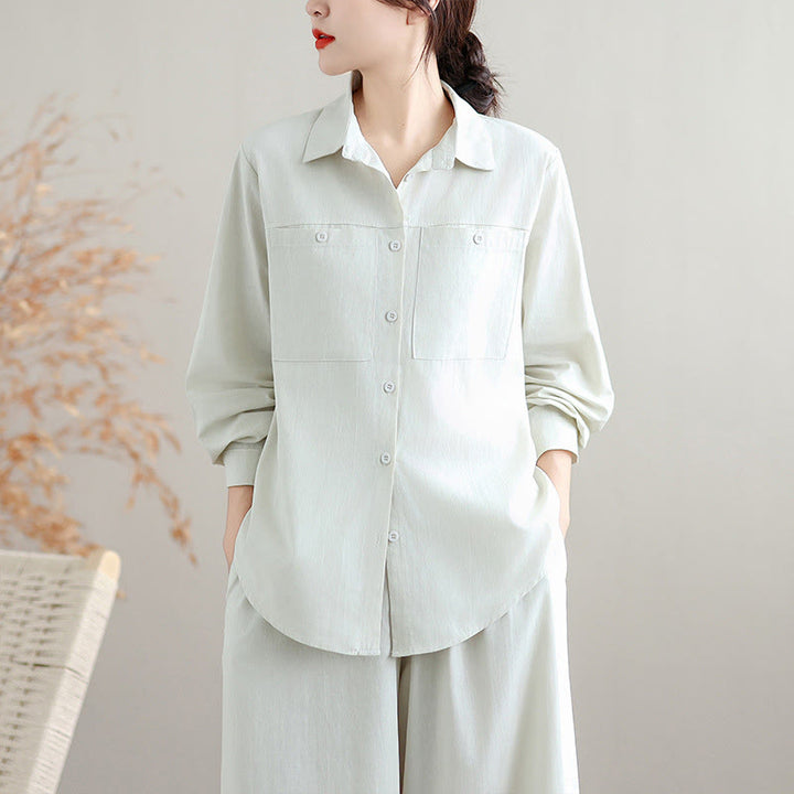 Buddha Stones, 2 szt., jesień, jednolity kolor, bawełniana koszula z guzikami, długie rękawy, spodnie do kostek, szerokie nogawki, zestaw damski z kieszeniami - image 4