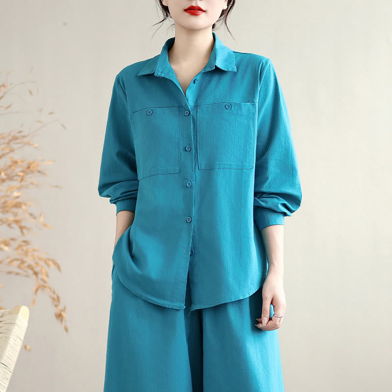 Buddha Stones, 2 szt., jesień, jednolity kolor, bawełniana koszula z guzikami, długie rękawy, spodnie do kostek, szerokie nogawki, zestaw damski z kieszeniami - image 17