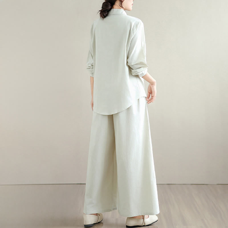 Buddha Stones, 2 szt., jesień, jednolity kolor, bawełniana koszula z guzikami, długie rękawy, spodnie do kostek, szerokie nogawki, zestaw damski z kieszeniami - image 3