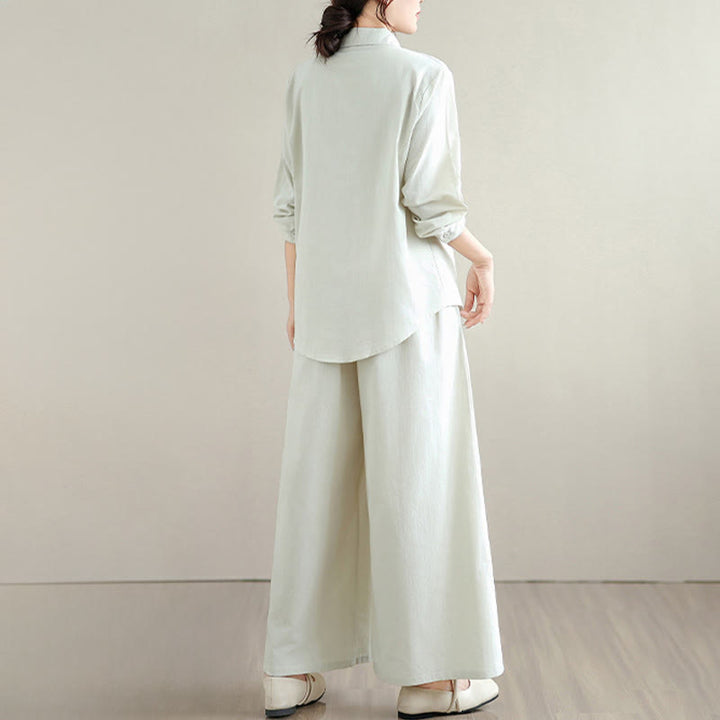 Buddha Stones, 2 szt., jesień, jednolity kolor, bawełniana koszula z guzikami, długie rękawy, spodnie do kostek, szerokie nogawki, zestaw damski z kieszeniami - image 3