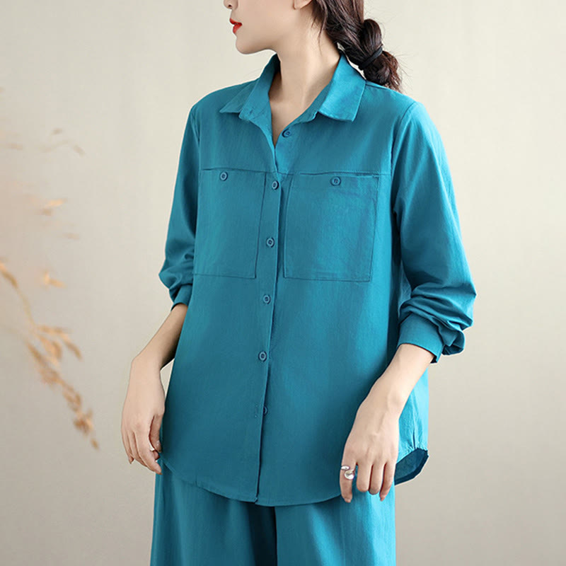 Buddha Stones, 2 szt., jesień, jednolity kolor, bawełniana koszula z guzikami, długie rękawy, spodnie do kostek, szerokie nogawki, zestaw damski z kieszeniami - image 18