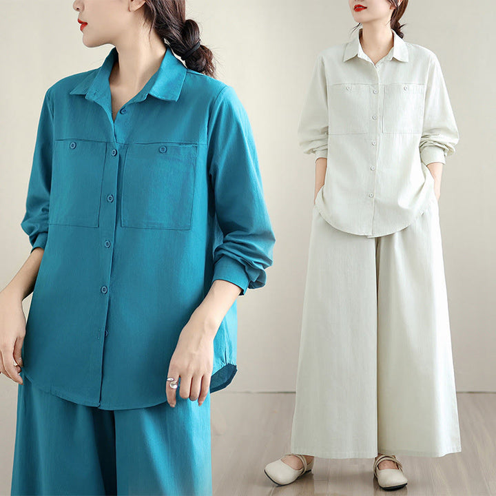 Buddha Stones, 2 szt., jesień, jednolity kolor, bawełniana koszula z guzikami, długie rękawy, spodnie do kostek, szerokie nogawki, zestaw damski z kieszeniami - image 20