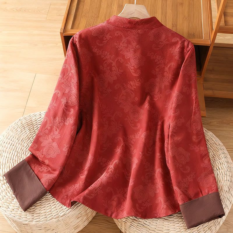 Koszula damska z bawełny z długim rękawem i żakardowym nadrukiem w kwiaty i żabą na guziki w jesiennych kolorach z Buddha Stones - image 1