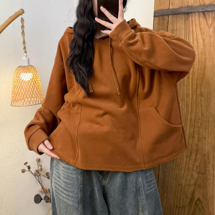 Bluza damska z kapturem z długim rękawem i kieszeniami, z kapturem "Buddha Stones Winter Solid Color", bawełniana, podszyta polarem - image 3