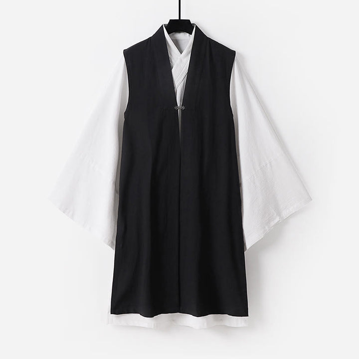 Buddha Stones 2 szt. Ceremonia Wudang Tai Chi Solidny długi rękaw Męski taoistyczny długi szlafrok kimono bez rękawów kamizelka - Czarny - US/UK/AU54， EU64 (9XL) - image 18