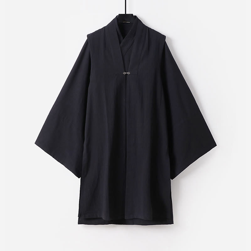 Buddha Stones 2 szt. Jesienny, jednolity, długi rękaw, męski taoistyczny szlafrok, sznurowany kimono, bezrękawnik, strój na ceremonię Qigong - Czarny - US/UK/AU54， EU64 (9XL) - image 14