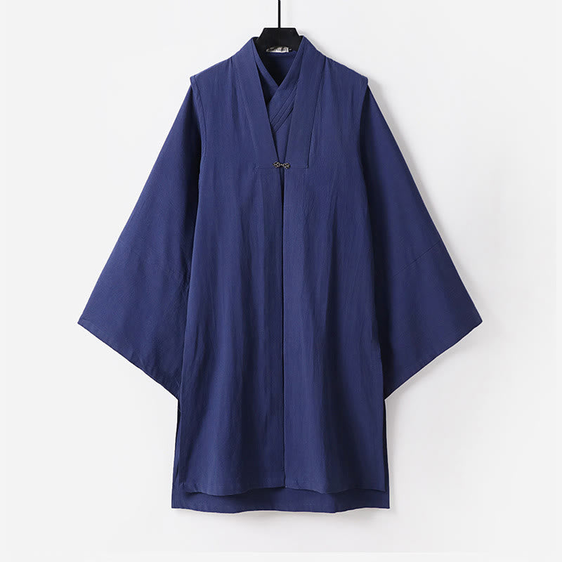 Buddha Stones 2 szt. Jesienny, jednolity, długi rękaw, męski taoistyczny szlafrok, sznurowany kimono, bezrękawnik, strój na ceremonię Qigong - Stalowoniebieski - US/UK/AU54， EU64 (9XL) - image 17