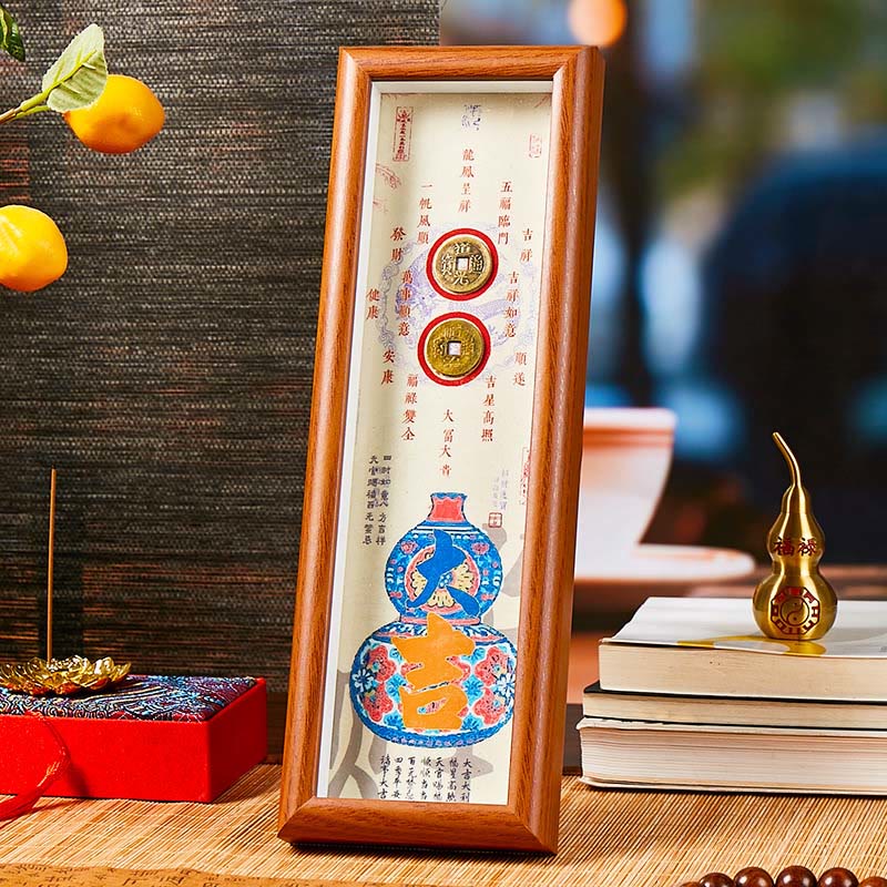 Buddha Stones, Postać Fu, Tykwa, Miedziane Monety, Ramka na Zdjęcia, Ozdoba Wystrój Domu - Styl 2 - Płyta pilśniowa średniej gęstości (9*30*4 cm) - image 4