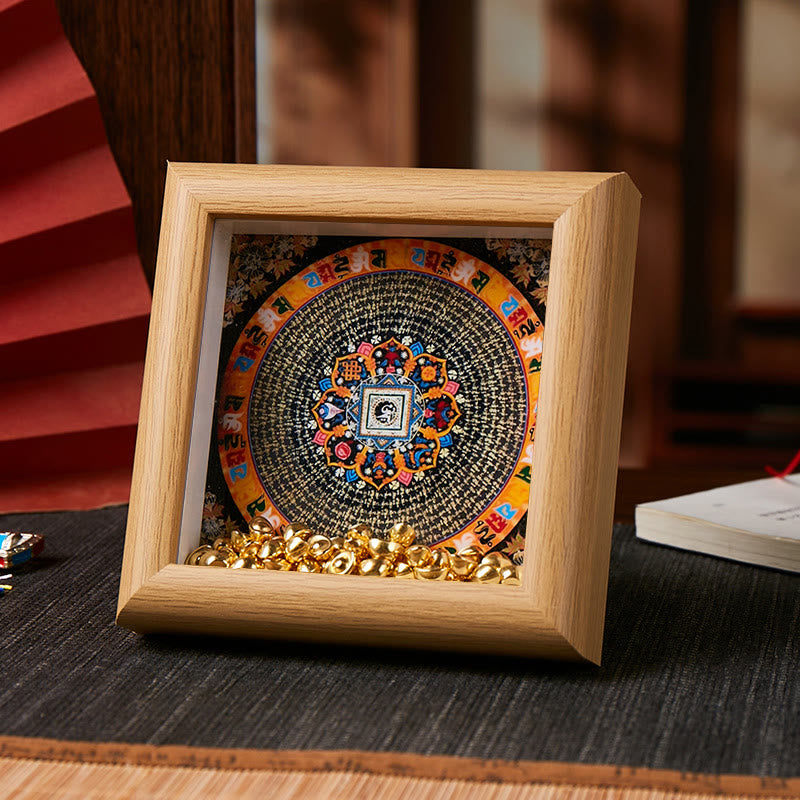 Buddha Stones Tybetańskie Om Mani Padme Hum Złota Sztabka Thangka Ramka na Zdjęcia Ozdoba Wystrój Domu - Styl 4 - Żółta płyta pilśniowa średniej gęstości (10*10*4 cm) - image 6