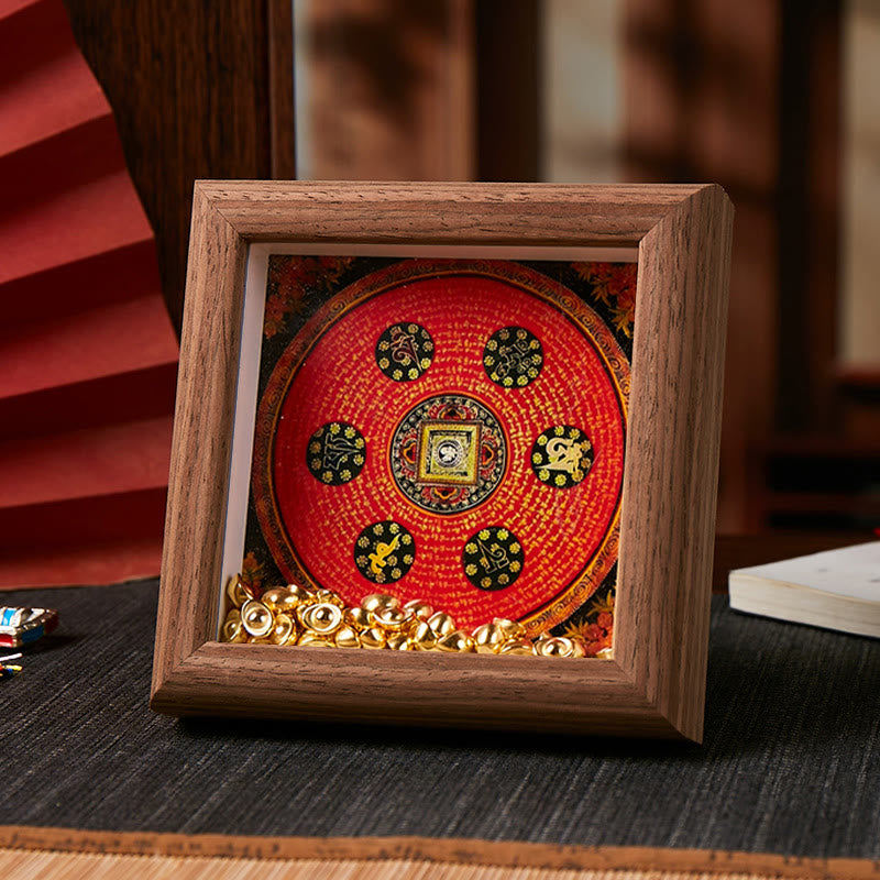 Buddha Stones Tybetańskie Om Mani Padme Hum Złota Sztabka Thangka Ramka na Zdjęcia Ozdoba Wystrój Domu - Styl 2 - Brązowa płyta pilśniowa średniej gęstości (10*10*4 cm) - image 3