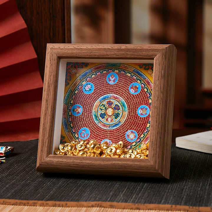 Buddha Stones Tybetańskie Om Mani Padme Hum Złota Sztabka Thangka Ramka na Zdjęcia Ozdoba Wystrój Domu - Styl 1 - Brązowa płyta pilśniowa średniej gęstości (10*10*4 cm) - image 1