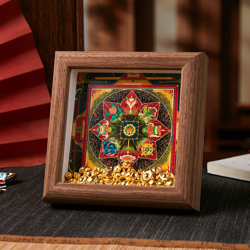 Buddha Stones Tybetańskie Om Mani Padme Hum Złota Sztabka Thangka Ramka na Zdjęcia Ozdoba Wystrój Domu - Styl 3 - Brązowa płyta pilśniowa średniej gęstości (10*10*4 cm) - image 5