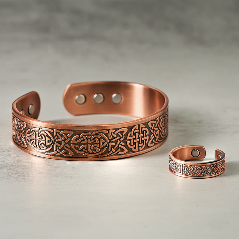 Bransoletka-mankiet z Buddha Stones, miedzianym, abstrakcyjnym wzorem linii, otwartym szczęściem - image 0