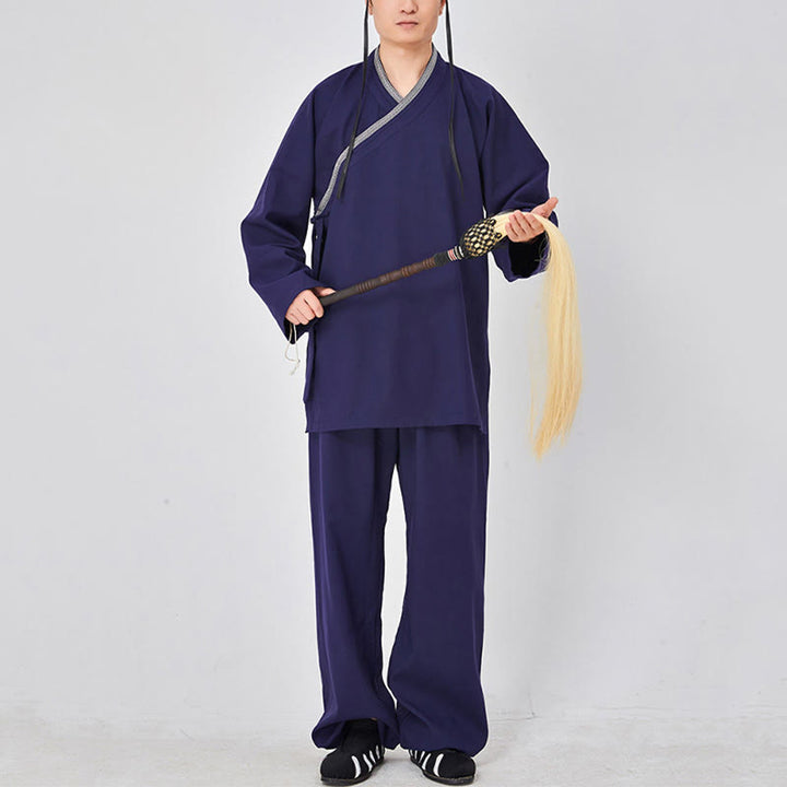 Buddha Stones 2 szt. Wudang Fall Solid Frog-Guzik Długi Rękaw Lniany Unisex Taoistyczny Robe Kimono Spodnie Strój do Ceremonii Qigong - Stalowoniebieski - 3XL- PASUJE DO USA/ UK/AU/ EU- XL - image 5