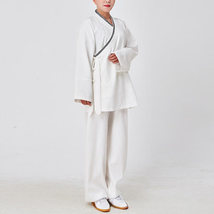Buddha Stones 2 szt. Wudang Fall Solid Frog-Guzik Długi Rękaw Lniany Unisex Taoistyczny Robe Kimono Spodnie Strój do Ceremonii Qigong - image 2