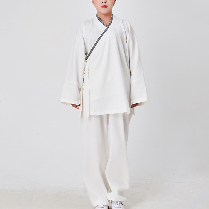 Buddha Stones 2 szt. Wudang Fall Solid Frog-Guzik Długi Rękaw Lniany Unisex Taoistyczny Robe Kimono Spodnie Strój do Ceremonii Qigong - image 1