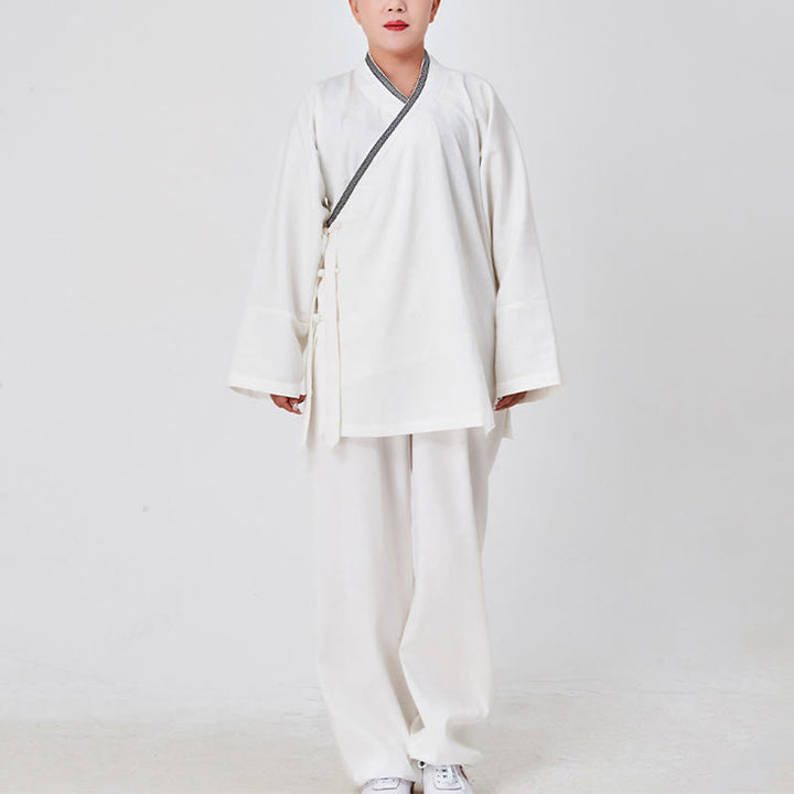 Buddha Stones 2 szt. Wudang Fall Solid Frog-Guzik Długi Rękaw Lniany Unisex Taoistyczny Robe Kimono Spodnie Strój do Ceremonii Qigong - image 1