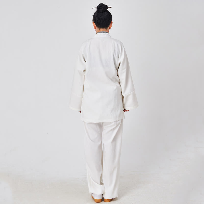 Buddha Stones 2 szt. Wudang Fall Solid Frog-Guzik Długi Rękaw Lniany Unisex Taoistyczny Robe Kimono Spodnie Strój do Ceremonii Qigong - image 3