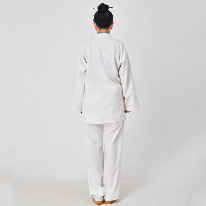 Buddha Stones 2 szt. Wudang Fall Solid Frog-Guzik Długi Rękaw Lniany Unisex Taoistyczny Robe Kimono Spodnie Strój do Ceremonii Qigong - image 3