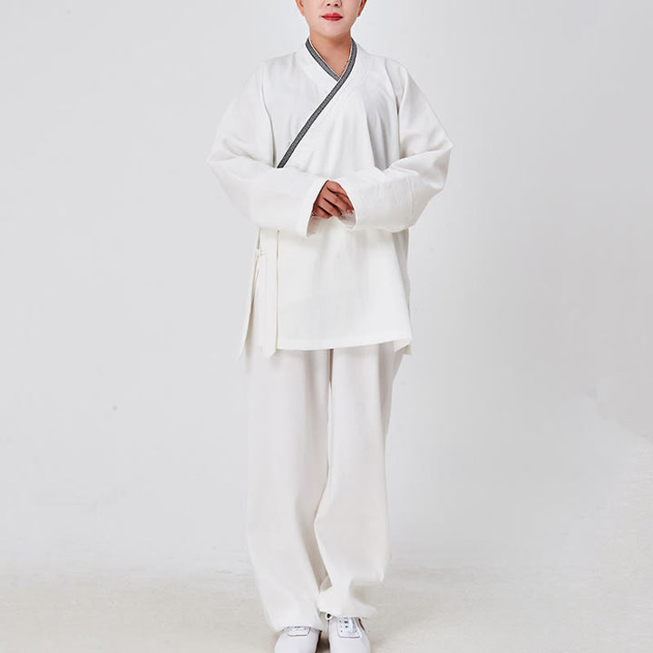Buddha Stones 2 szt. Wudang Fall Solid Frog-Guzik Długi Rękaw Lniany Unisex Taoistyczny Robe Kimono Spodnie Strój do Ceremonii Qigong - Biały - 3XL- PASUJE DO USA/ UK/AU/ EU- XL - image 0