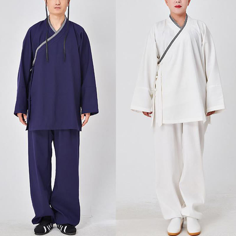 Buddha Stones 2 szt. Wudang Fall Solid Frog-Guzik Długi Rękaw Lniany Unisex Taoistyczny Robe Kimono Spodnie Strój do Ceremonii Qigong - image 10