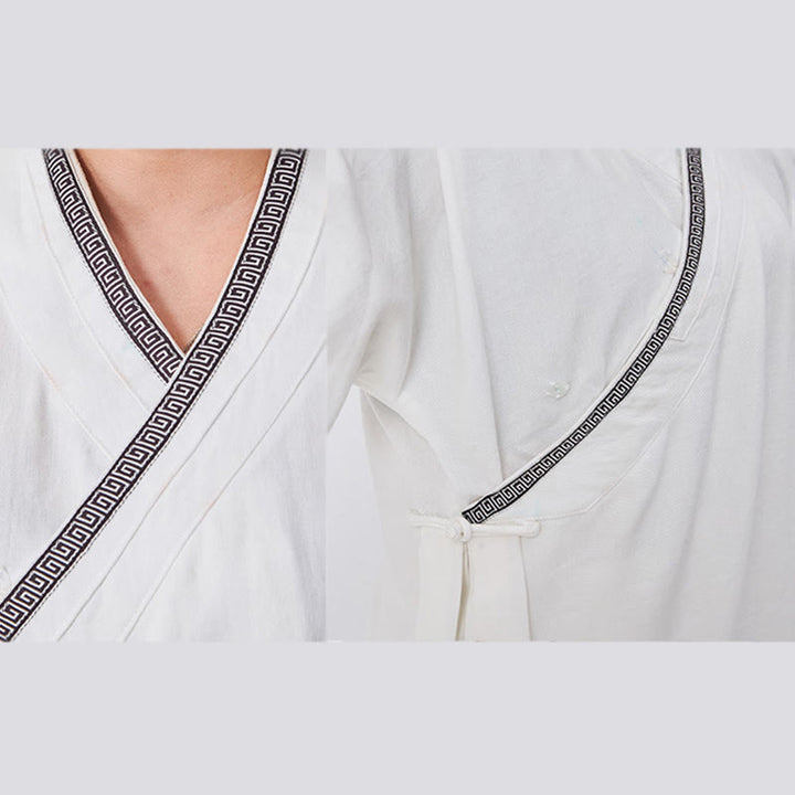 Buddha Stones 2 szt. Wudang Fall Solid Frog-Guzik Długi Rękaw Lniany Unisex Taoistyczny Robe Kimono Spodnie Strój do Ceremonii Qigong - image 4