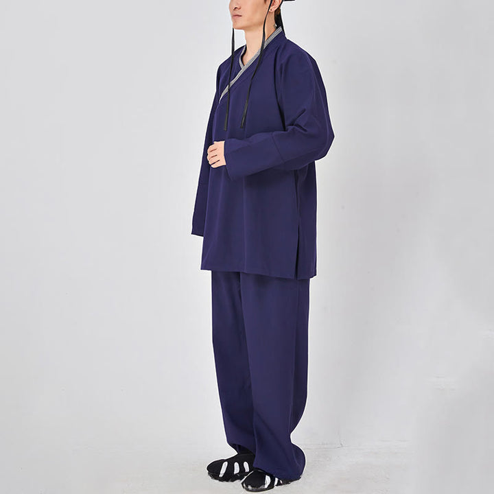 Buddha Stones 2 szt. Wudang Fall Solid Frog-Guzik Długi Rękaw Lniany Unisex Taoistyczny Robe Kimono Spodnie Strój do Ceremonii Qigong - image 6