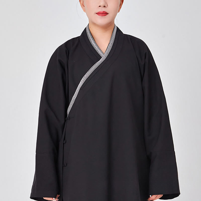 Buddha Stones 2 szt. Wudang Fall Solid Frog-Guzik Długi Rękaw Lniany Unisex Taoistyczny Robe Kimono Spodnie Strój do Ceremonii Qigong - Czarny - 3XL- PASUJE DO USA/ UK/AU/ EU- XL - image 11