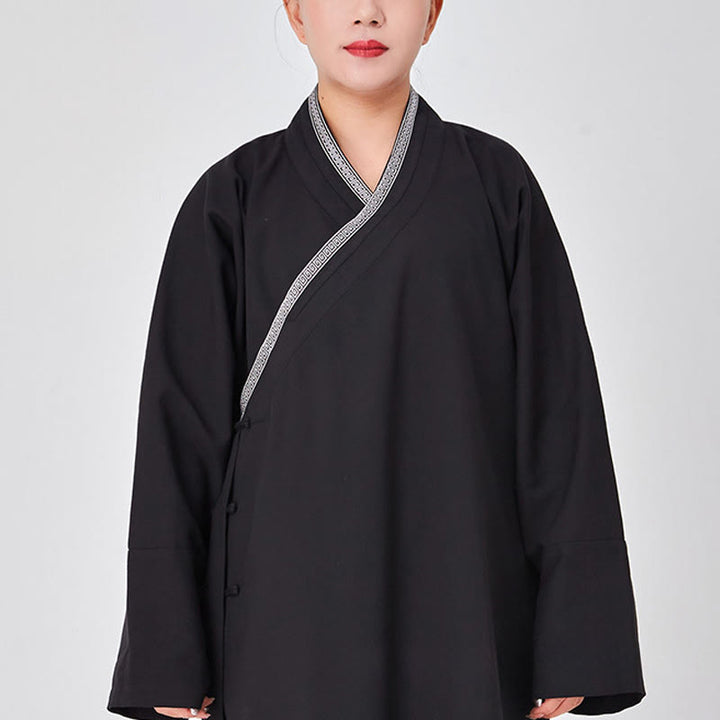 Buddha Stones 2 szt. Wudang Fall Solid Frog-Guzik Długi Rękaw Lniany Unisex Taoistyczny Robe Kimono Spodnie Strój do Ceremonii Qigong - Czarny - 3XL- PASUJE DO USA/ UK/AU/ EU- XL - image 11