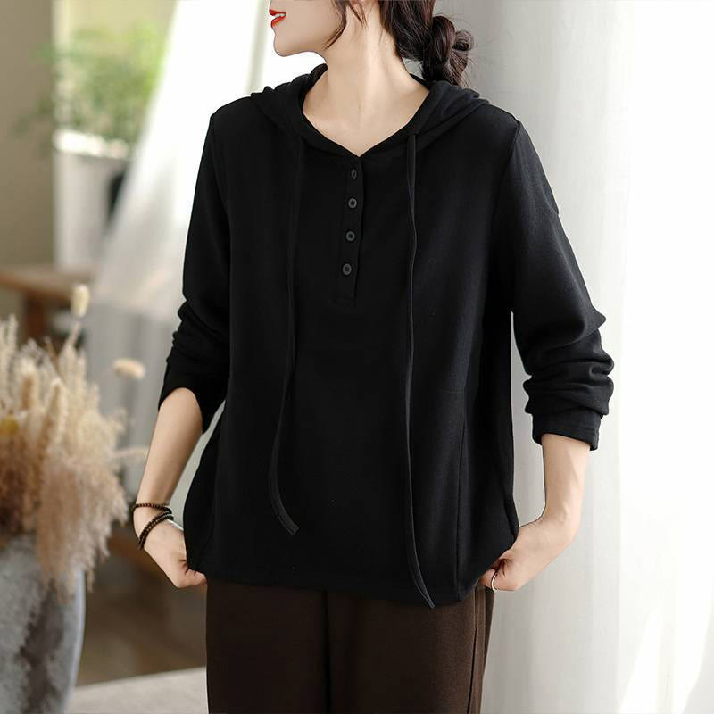 Bluza z kapturem damska z długim rękawem i kapturem "Buddha Stones Winter Solid Color Cotton" z kapturem - Czarny - US8-10，UK/AU12-14，EU40-42 (2XL) - image 18