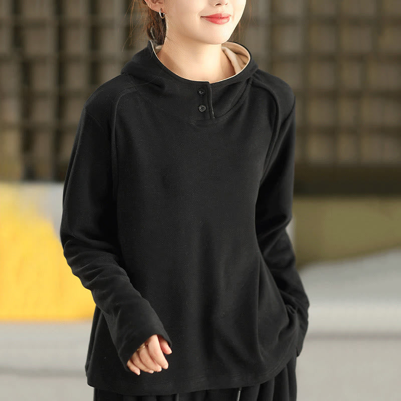 Bluza z kapturem damska z długim rękawem i kapturem "Buddha Stones Winter Solid Color Cotton Thicked" z kapturem - Czarny - US4, UK/AU8, EU36 (F) - image 16