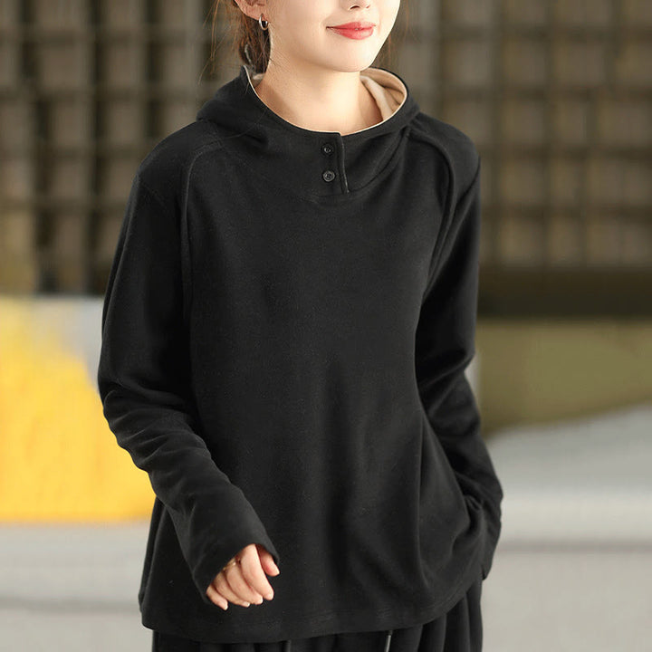 Bluza z kapturem damska z długim rękawem i kapturem "Buddha Stones Winter Solid Color Cotton Thicked" z kapturem - Czarny - US4, UK/AU8, EU36 (F) - image 16