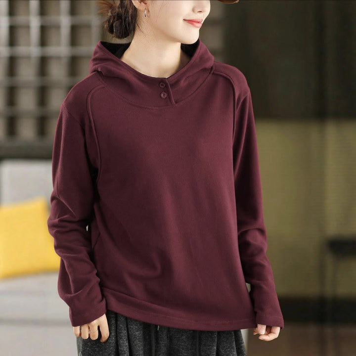 Bluza z kapturem damska z długim rękawem i kapturem "Buddha Stones Winter Solid Color Cotton Thicked" z kapturem - Ciemnoczerwony - US4, UK/AU8, EU36 (F) - image 9