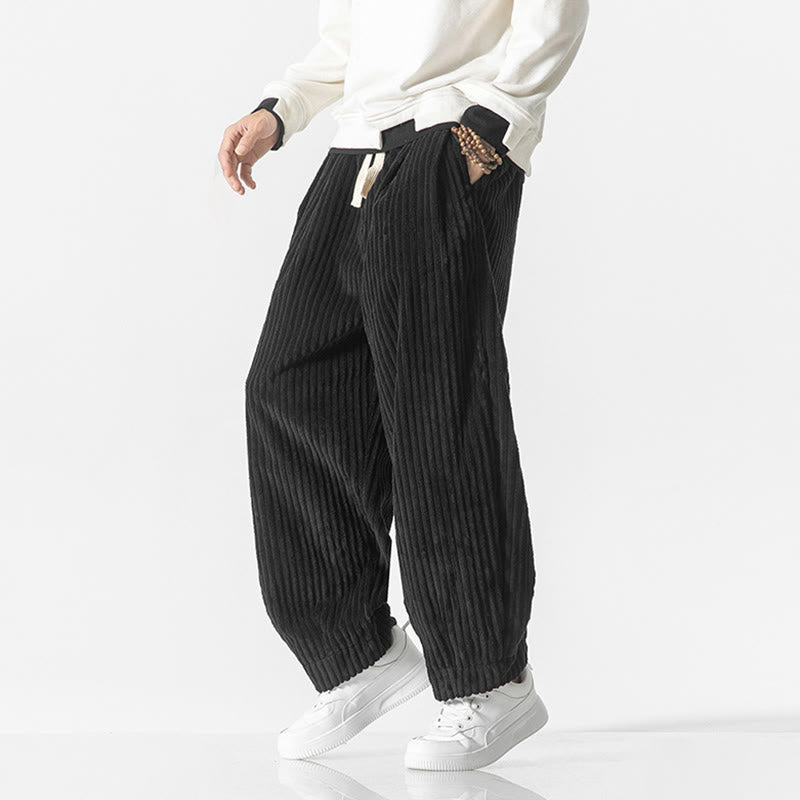 Męskie spodnie haremowe z sznurkiem i kieszeniami, w jednolitym kolorze, z kolekcji Buddha Stones w stylu retro i zimowym - image 17