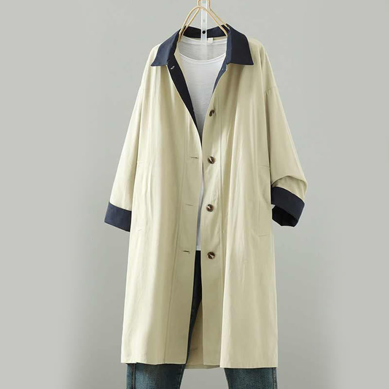 Płaszcz damski z długim rękawem z bawełny z kieszeniami i guzikami z jesiennych klap w kształcie Buddha Stones - image 0