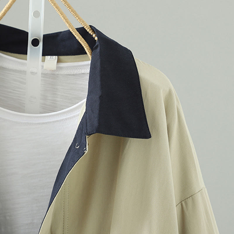 Płaszcz damski z długim rękawem z bawełny z kieszeniami i guzikami z jesiennych klap w kształcie Buddha Stones - image 5