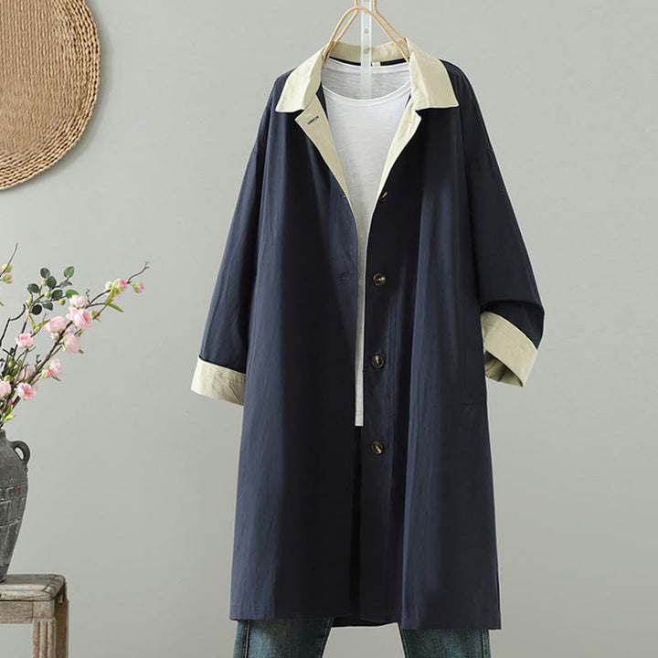 Płaszcz damski z długim rękawem z bawełny z kieszeniami i guzikami z jesiennych klap w kształcie Buddha Stones - image 12